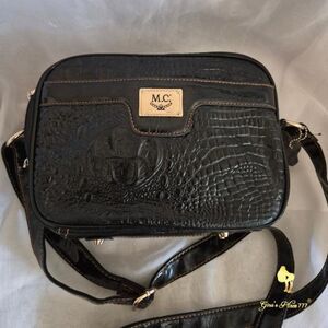 MC Crocodile Embossed 3 Compartments 15 Pockets Black Crossbody Shoulder Handbag